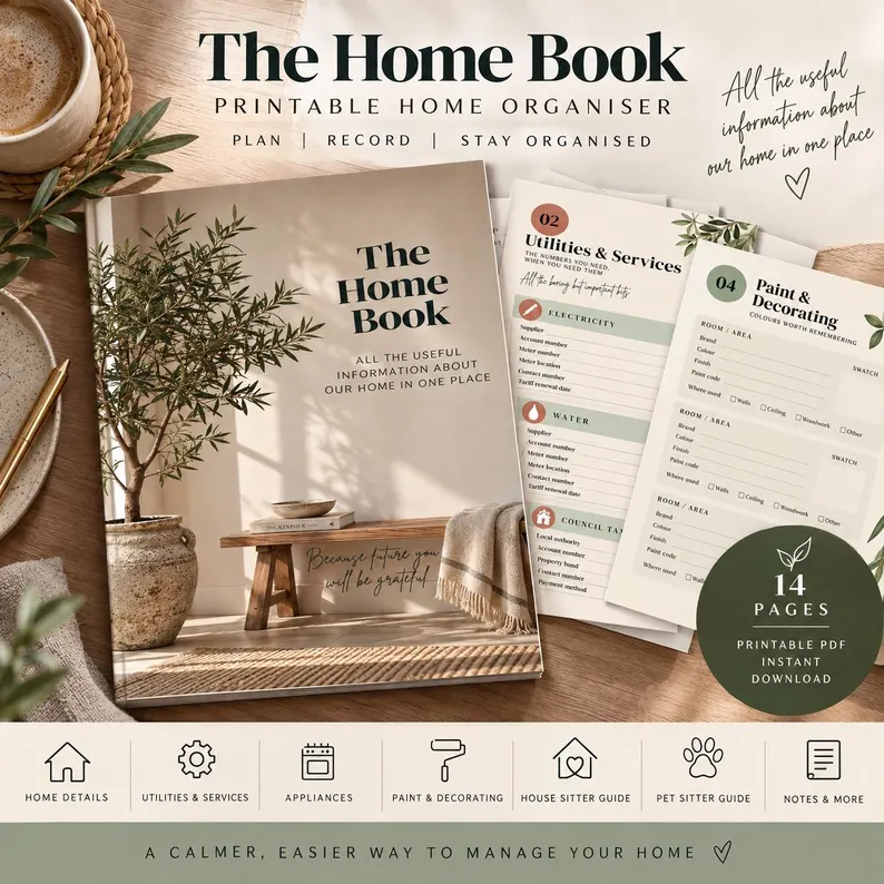 The Home Book printable organiser with botanical cover and sample pages