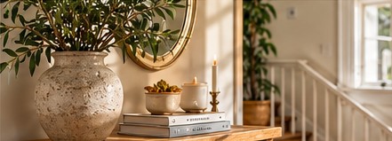Calm neutral hallway with greenery and a thoughtfully styled console