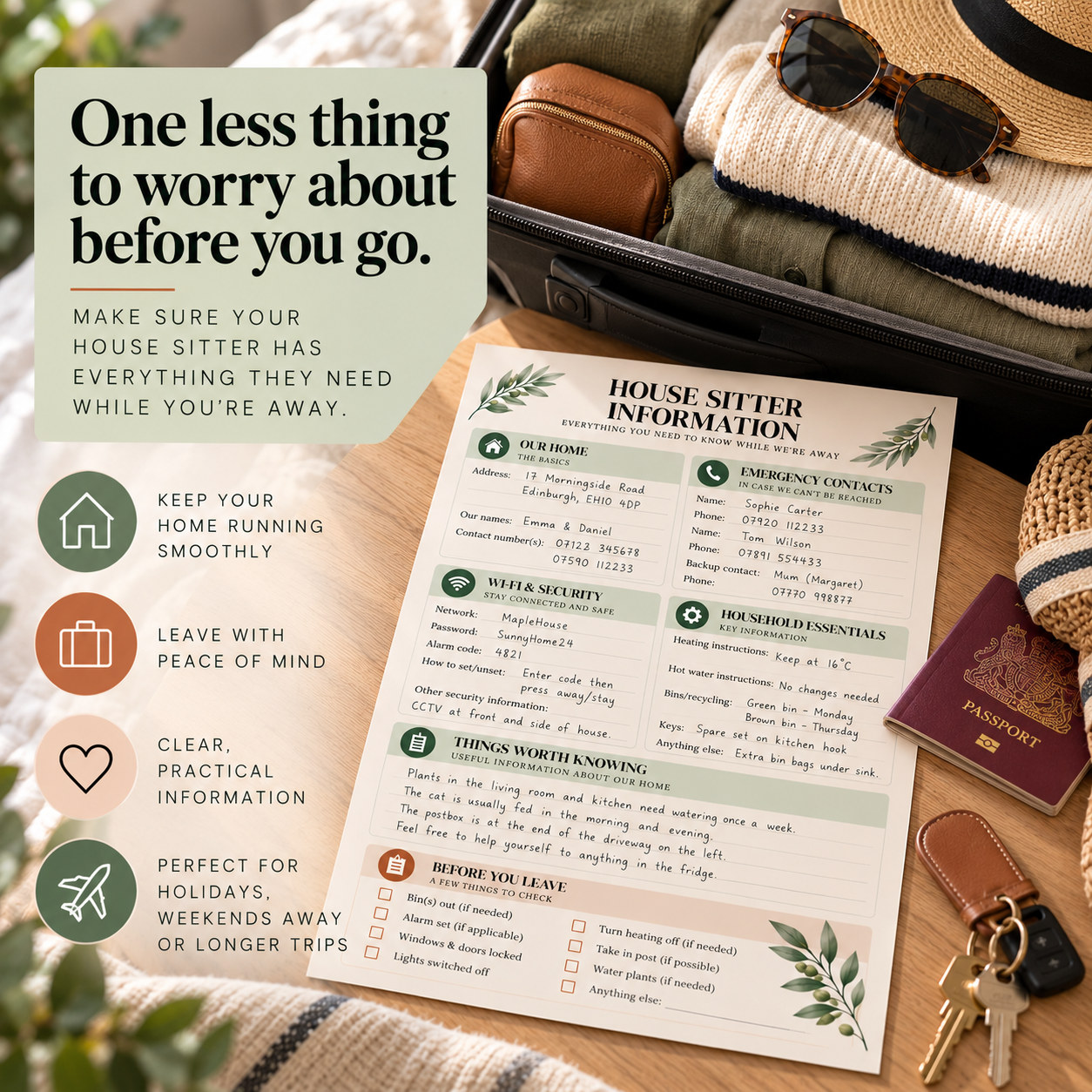 Holiday suitcase and thoughtfully arranged travel essentials