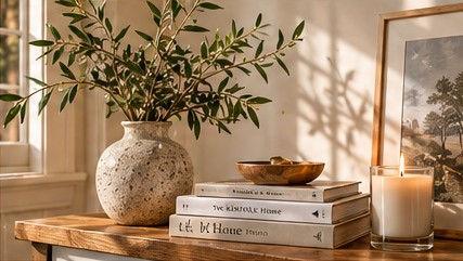 Sunlit console table with leafy branches, books and a candle in a welcoming home
