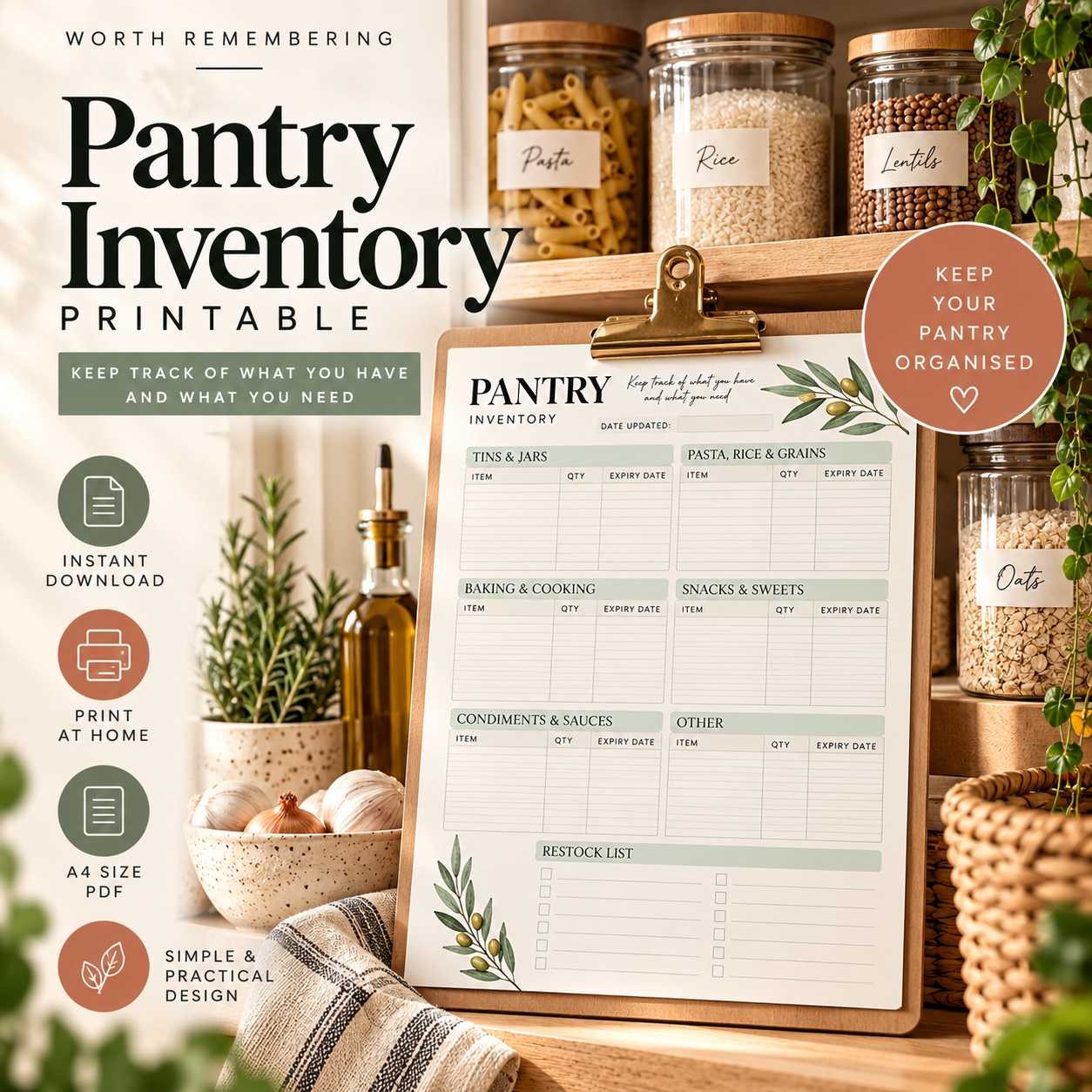 Worth Remembering Pantry Inventory printable displayed on a kitchen clipboard
